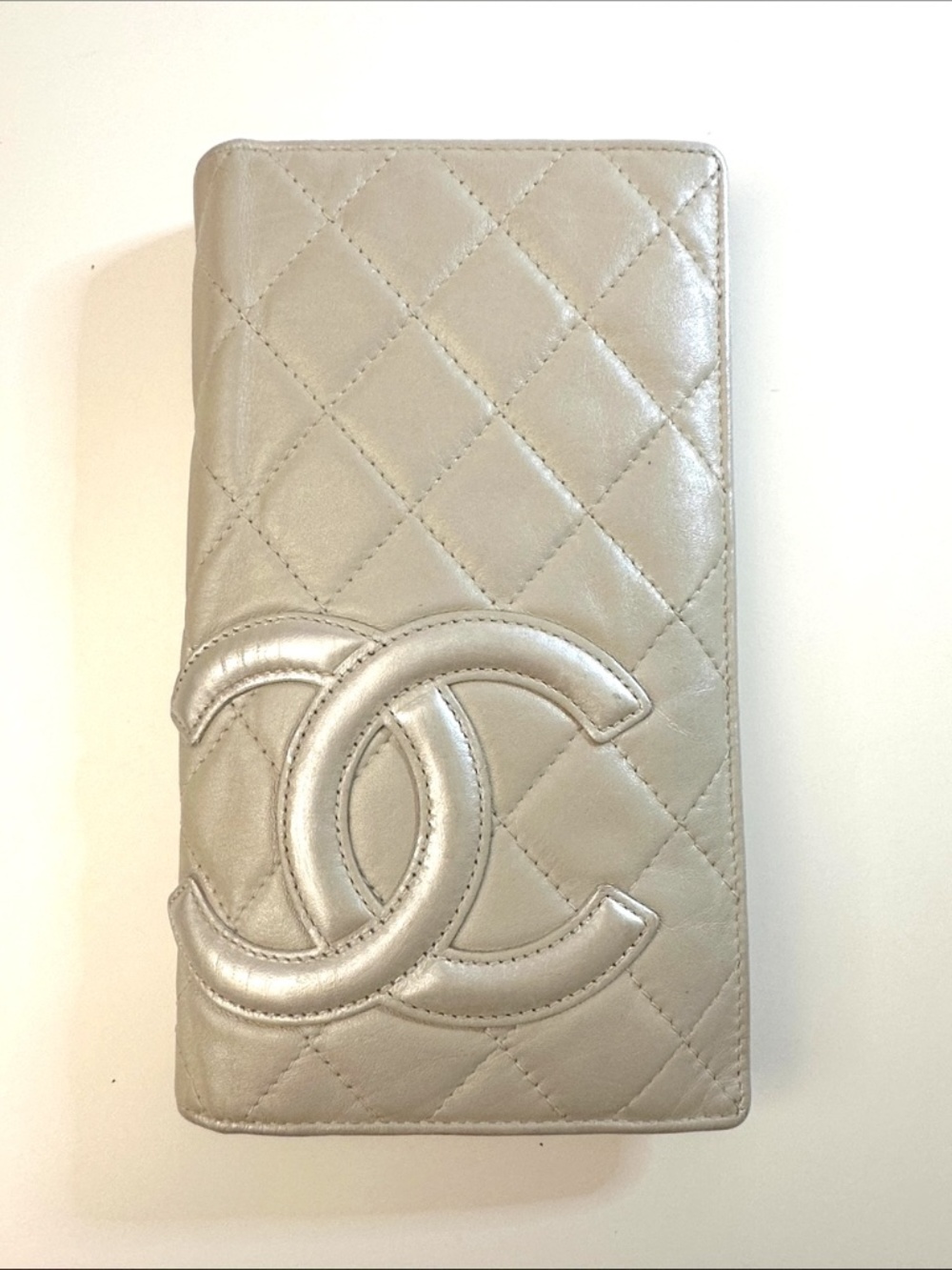 CHANEL Quilted CC Logo Long Wallet in Pearl Metallic